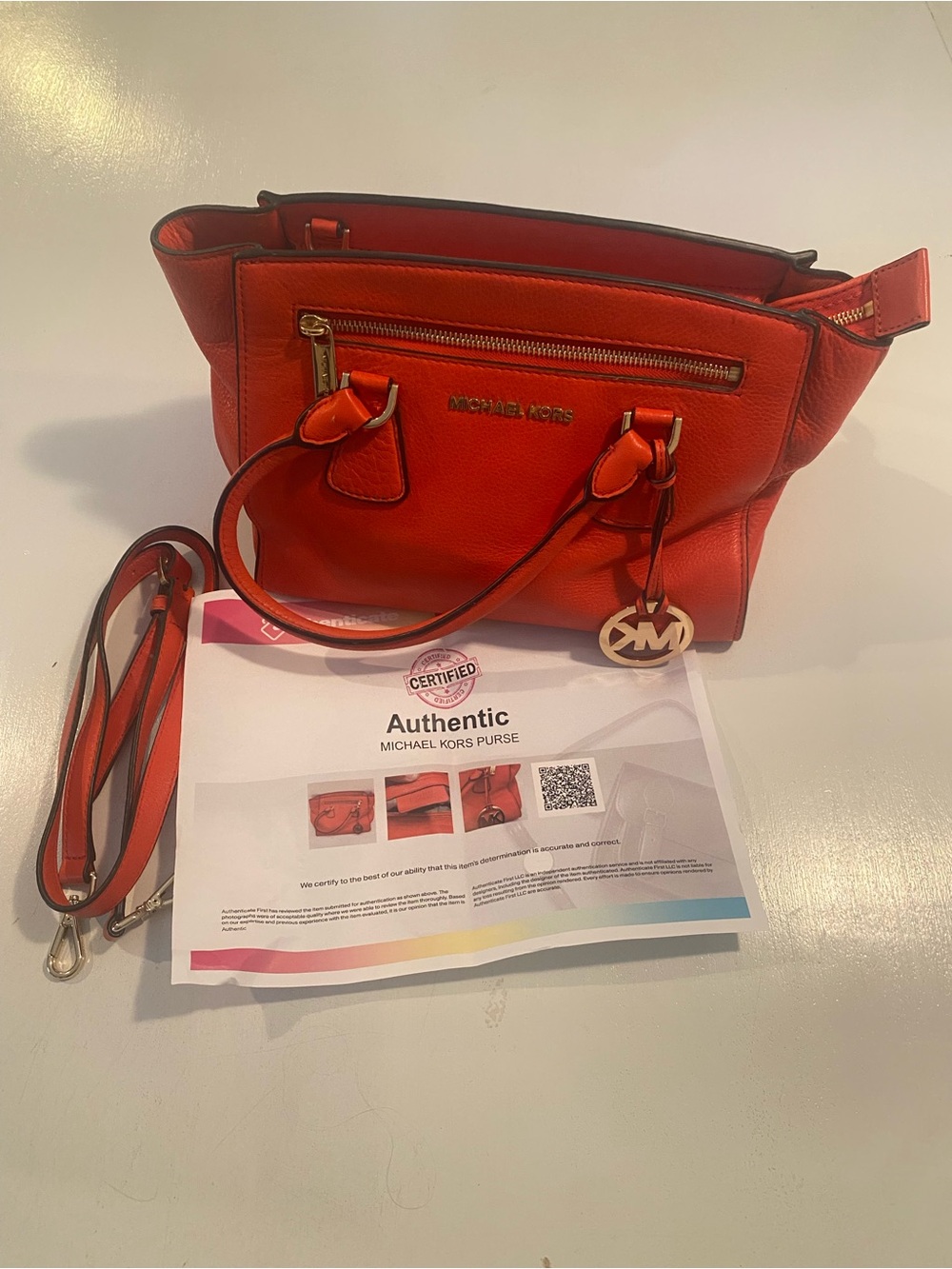 Michael Kors Sophie Red-Orange Leather Satchel with Gold Hardware COA